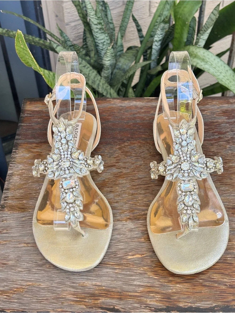 Badgley Mischka Cara Gold Crystal Embellished Flat Thong Dress Sandals Size 7.5